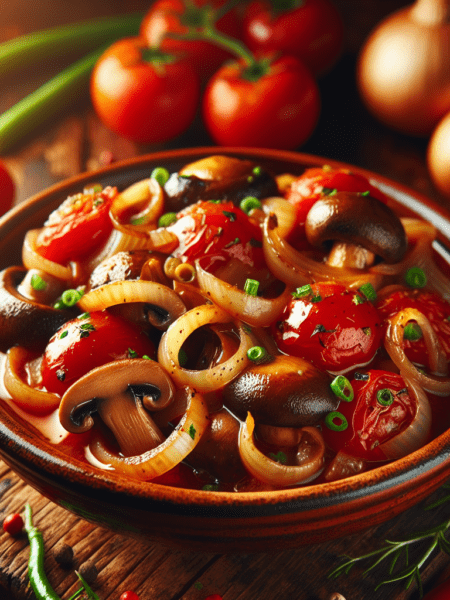 Champiñones al estilo mediterráneo: guisados con tomate y cebolla