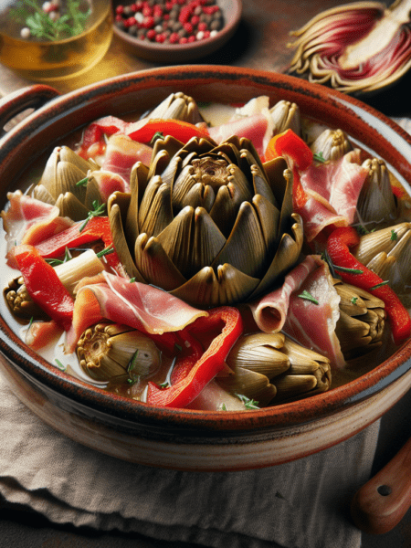 Estofado de alcachofas con jamón y pimientos rojos
