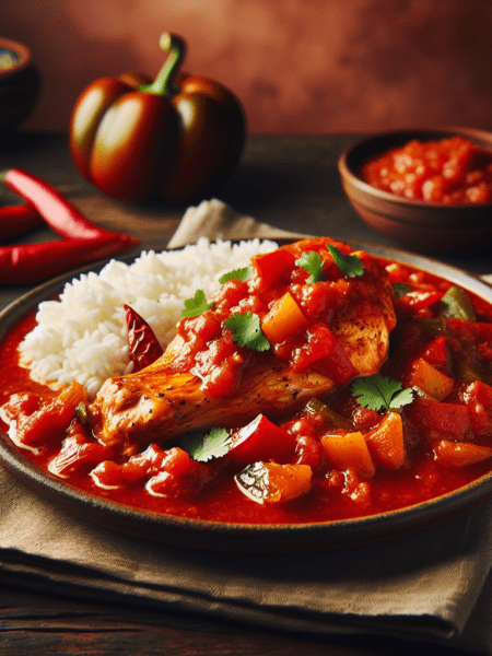 Pollo al chile morrón y tomate