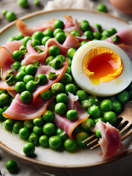 Deliciosos guisantes guisados con jamón y huevo