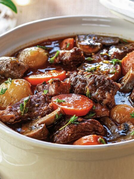 Estofado de ternera con ciruelas y vino tinto