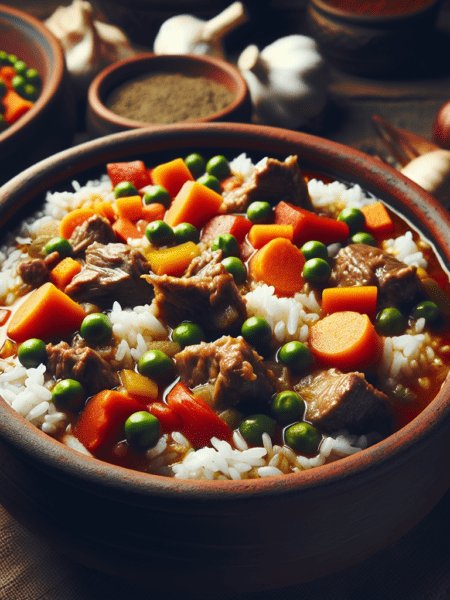 Estofado de arroz con carne y verduras al estilo tradicional