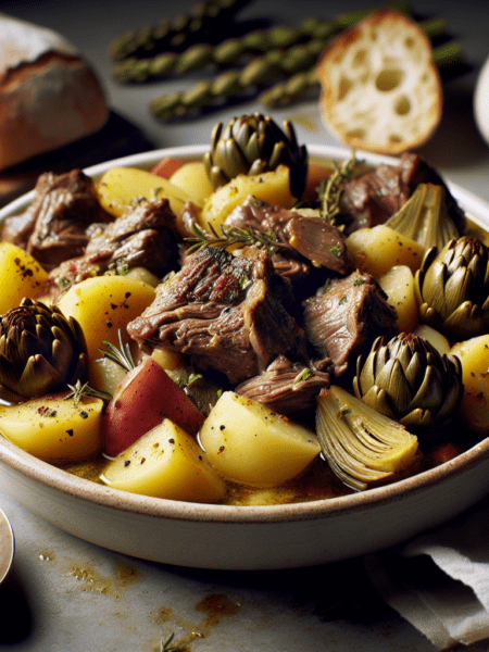 Estofado de cordero con patatas y alcachofas al estilo mediterráneo