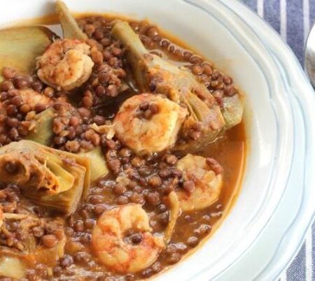 estofado de lentejas con bacalao y gambas