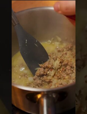 Agrega la carne, el arroz y las especias al guiso.